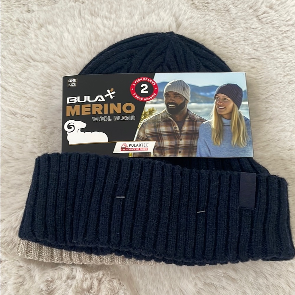 Bula Blue and Cream Merino Wool Blend Beanie OS